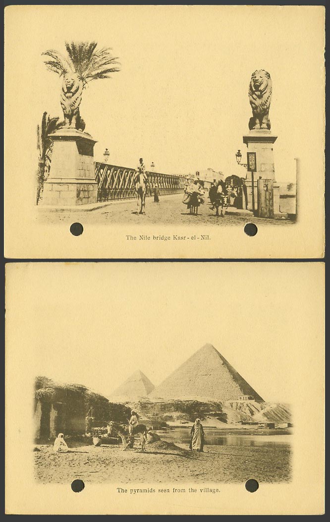 Egypt Old Card Nil Bridge Kasr-el-Nil Lion Statue Pyramids seen from the Village