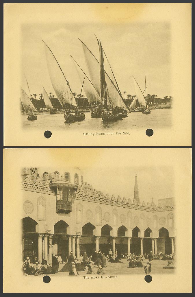 Egypt Old Card The Mosk El-Ahzar Mosque & Sailing Boats upon the Nil Nile River