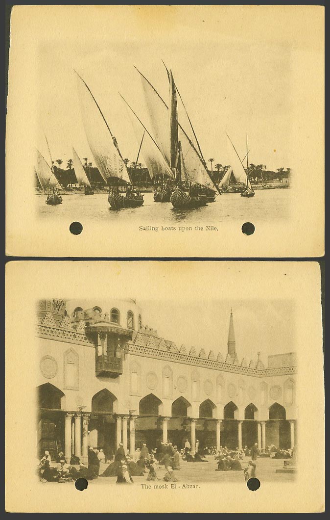 Egypt Old Card The Mosk El-Ahzar Mosque, Sailing Boats upon Nil Nile River Scene