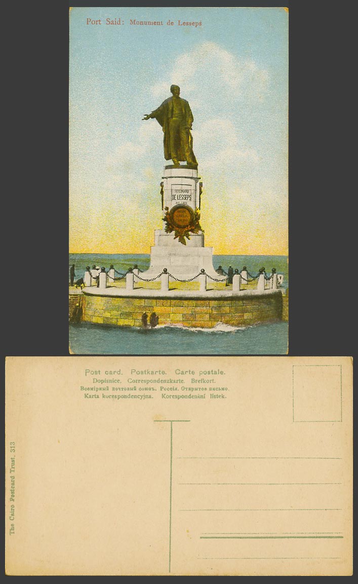 Egypt Old Colour Postcard Port Said Monument de Ferdinand de Lesseps Statue 313.