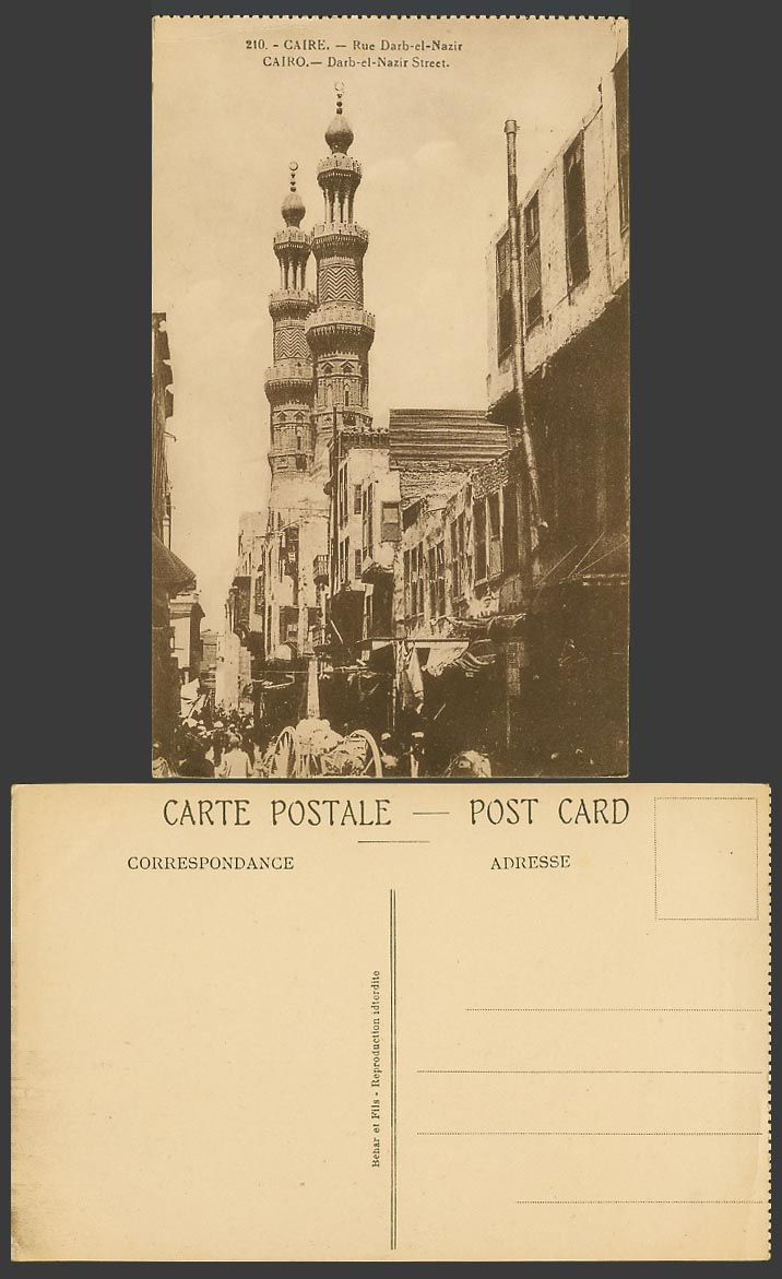 Egypt Old Postcard Cairo, Rue Darb-el-Nazir Street Scene Mosque Towers, Le Caire