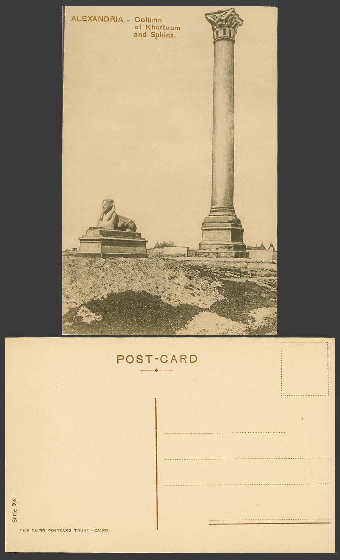 Egypt Old Postcard Alexandria, Column of Khartoum and Sphinx Alexandrie No. 598