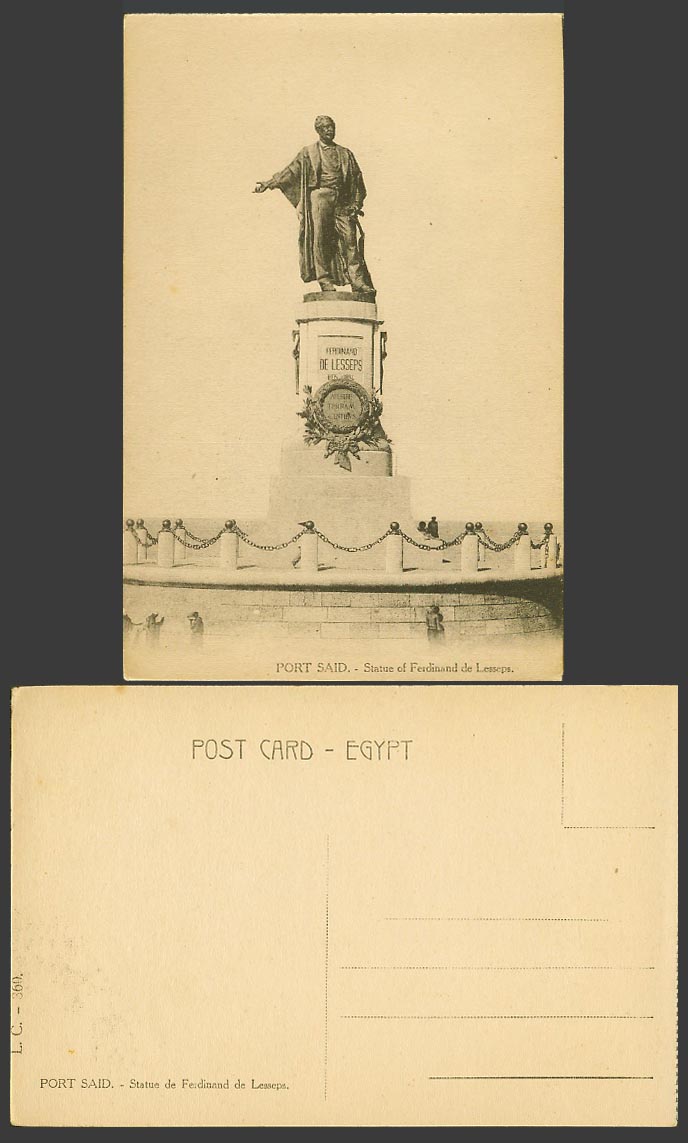 Egypt Old Postcard Port Said Statue of Ferdinand de Lesseps Monument Memorial369