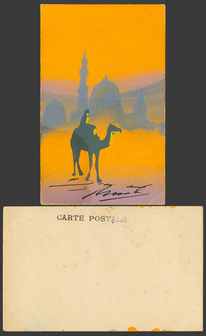 Egypt Artist Signed Hand Painted Old UB Postcard Camel Rider, Mosque and Sunset