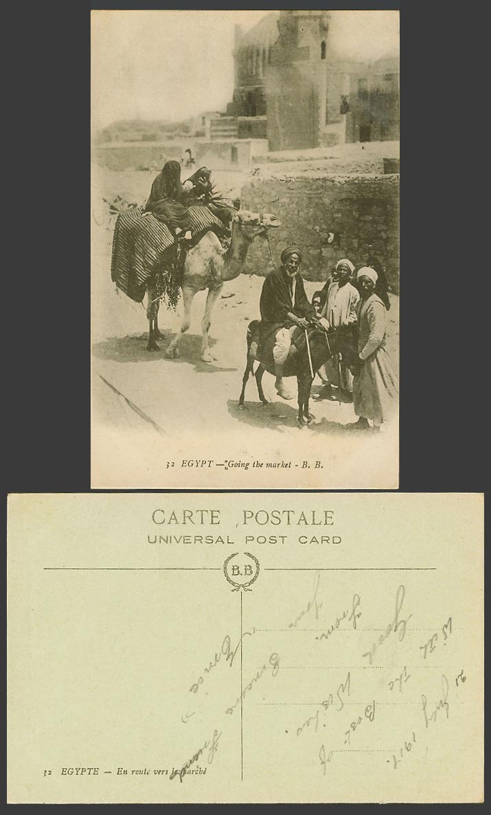 Egypt Old Postcard Native Camel Donkey Riders Going to Market, Men Women B.B. 32