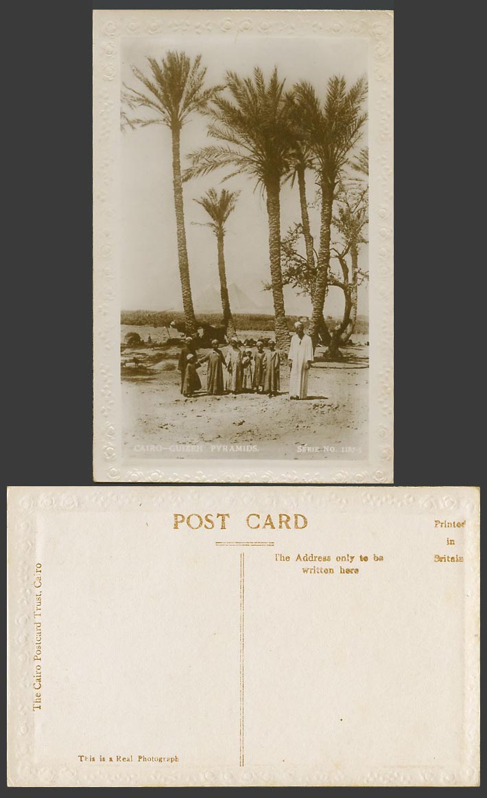 Egypt Old Embossed Postcard Cairo Guizeh Pyramids Giza Native Children Palm Tree