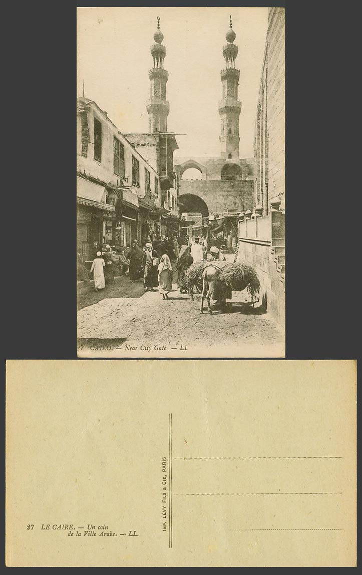 Egypt Old Postcard Cairo near City Gate Native Street Scene Shops Towers L.L. 27