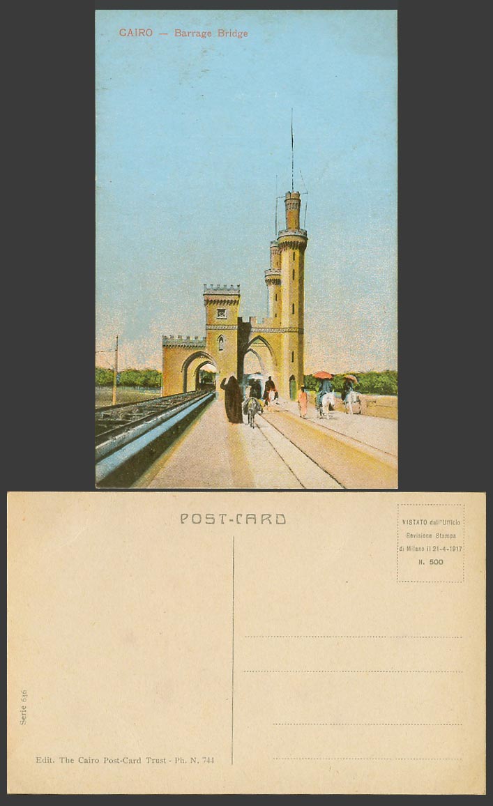 Egypt Old Colour Postcard Cairo BARRAGE BRIDGE Donkey Riders Tower Arches 646