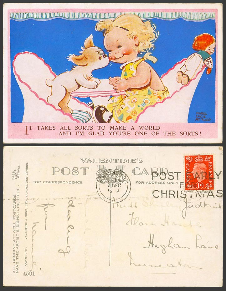 MABEL LUCIE ATTWELL 1939 Old Postcard Takes all sorts to make a World, Dog 4591