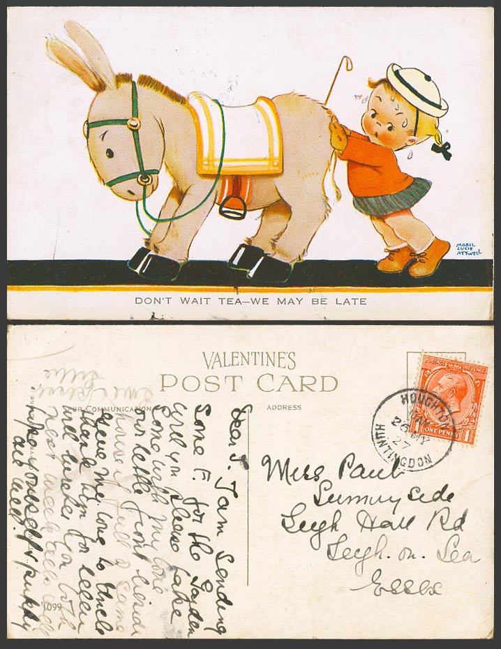 MABEL LUCIE ATTWELL 1927 Old Postcard Don't Wait Tea We May Be Late, Donkey 1099
