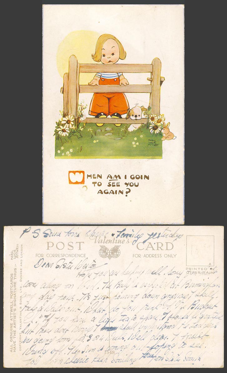 MABEL LUCIE ATTWELL Old Postcard When Am I Going to See You Again? Puppy 1548