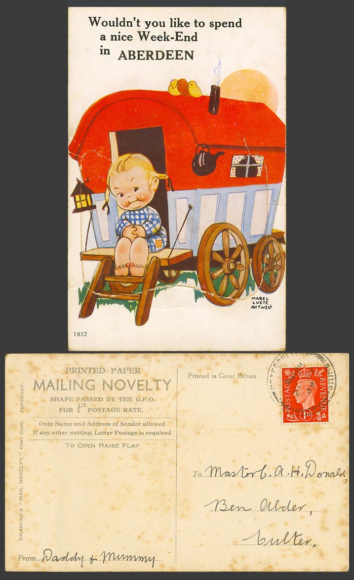 MABEL LUCIE ATTWELL Old Postcard Novelty, Weekend in Aberdeen, Teapot Wagon 1832