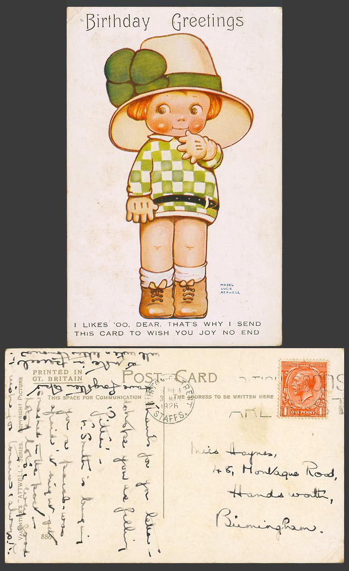 MABEL LUCIE ATTWELL 1926 Old Postcard Birthday Greetings Wish You Joy No End 880