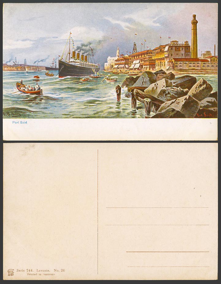 Egypt F Perlberg Artist Signed Old Postcard PORT SAID Lighthouse Steam Ship Boat