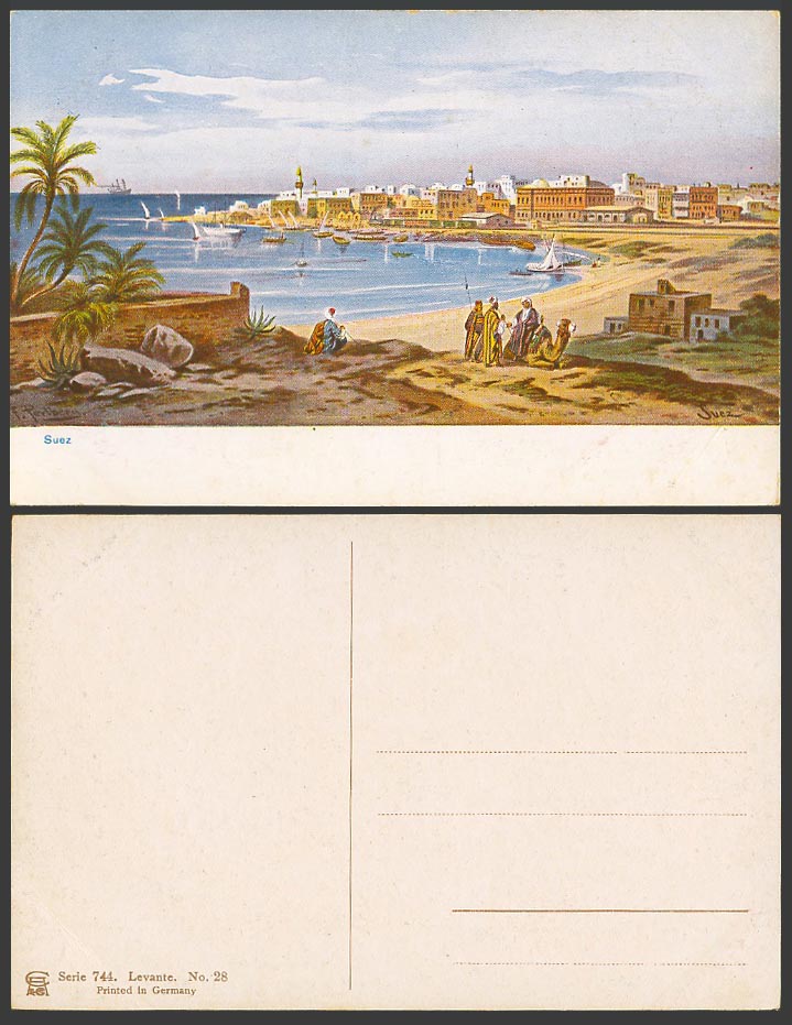Egypt F Perlberg ART Old Postcard Suez Beach Harbour Boats Yachts Camel Panorama