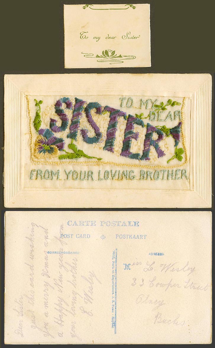 WW1 SILK Embroidered Old Postcard To My Dear Sister - from Your Loving Brother