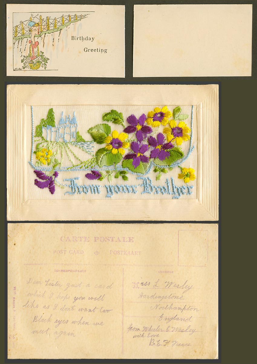 WW1 SILK Embroidered Old Postcard From Your Brother - Birthday Greeting - Castle