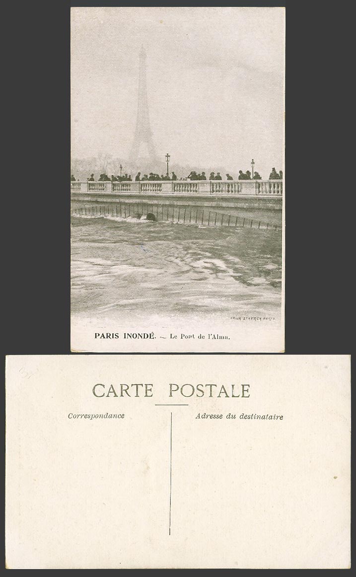 PARIS FLOOD 1910 Old Postcard  Tour Eiffel Tower, Le Pont de l'Alma Alma Bridge