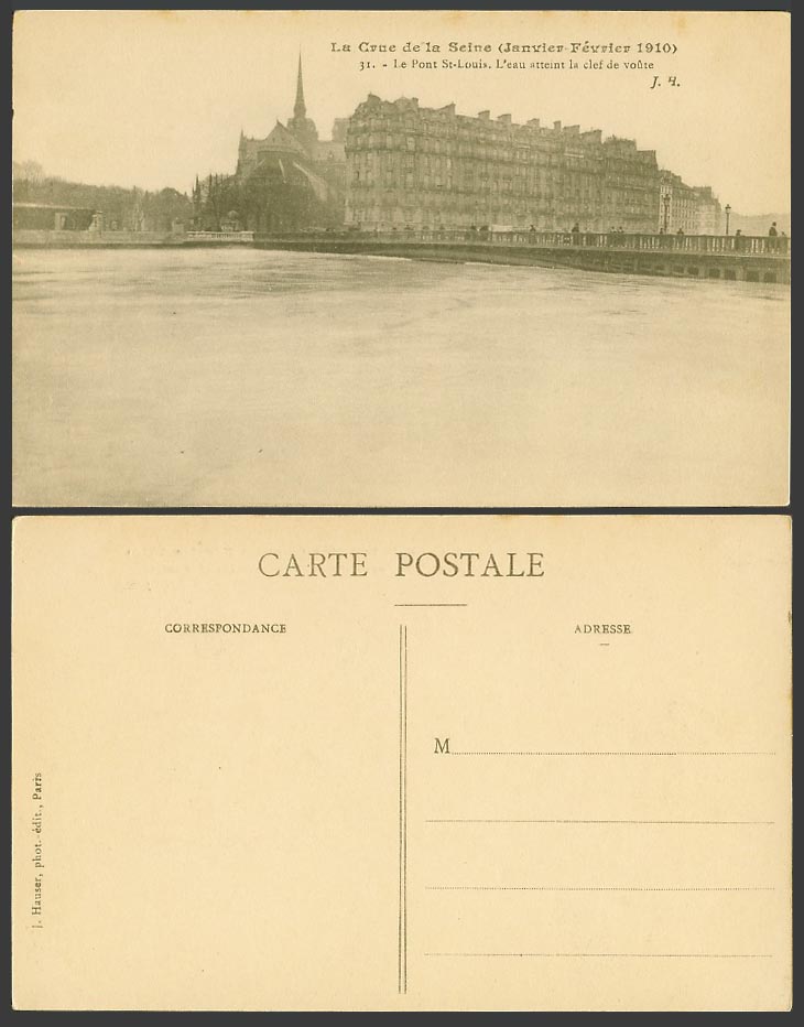 PARIS FLOOD 1910 Old Postcard Notre Dame Pont St-Louis Bridge Water Rch keystone