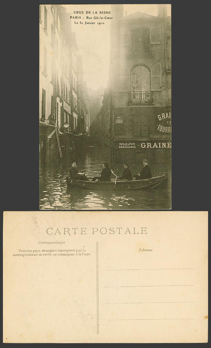 PARIS FLOOD 1910 Old Postcard Rue Git-le-Coeur Hotel Boat Paille Foin Emballages