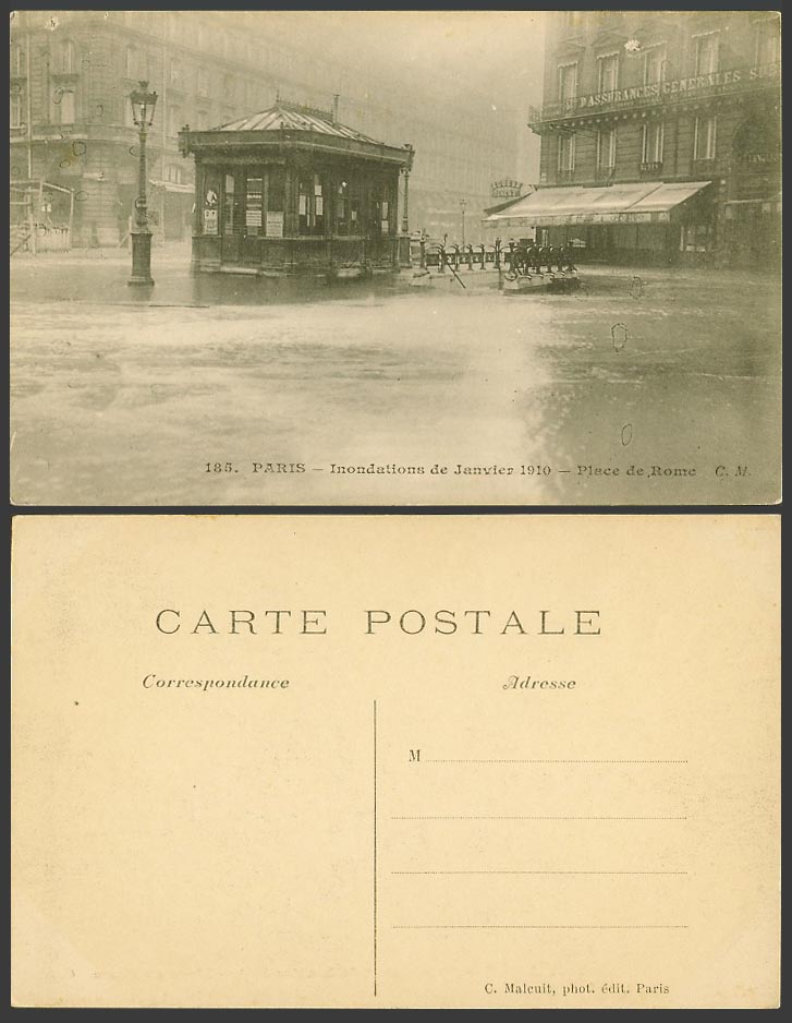 PARIS FLOOD 1910 Old Postcard Place de Rome Scossa Diners d'Assurances Generales