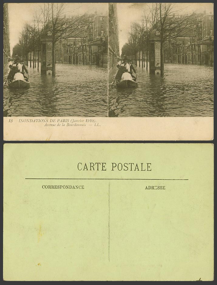 PARIS FLOOD Stereo View 1910 Old Postcard Avenue de la Bourdonnais, Boat L.L. 13