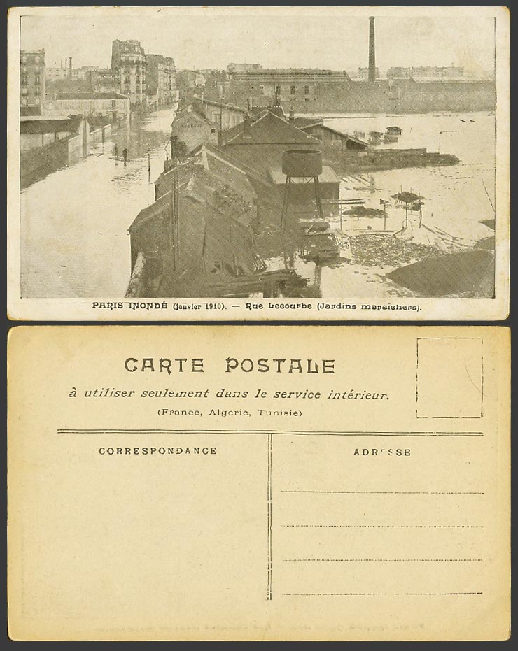 PARIS FLOOD JA 1910 Old Postcard Flooded Rue Lecourbe Jardins Maraichers Gardens