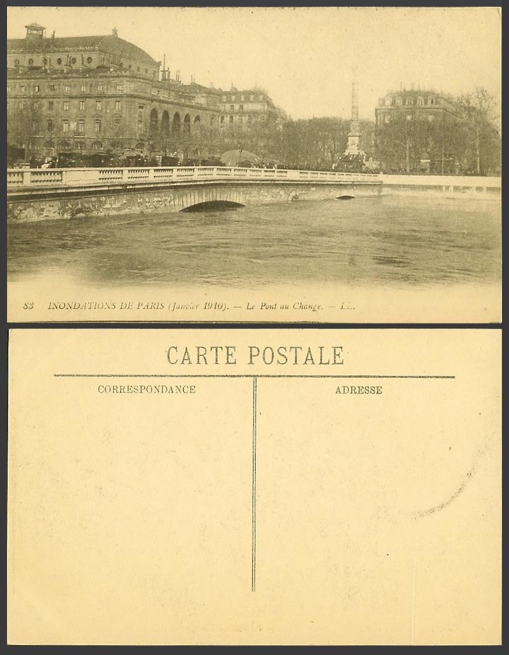 PARIS FLOOD 1910 Old Postcard Le Pont au Change Bridge and Flooded River L.L. 83