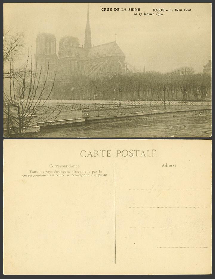 PARIS FLOOD 27 January 1910 Old Postcard Le Petit Pont Bridge, Notre Dame Church