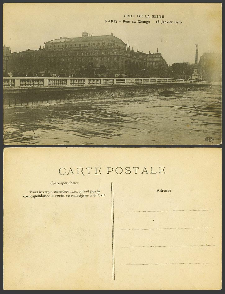 PARIS FLOOD 28 Jan. 1910 Old Postcard Pont au Change Bridge, Flooded River Scene