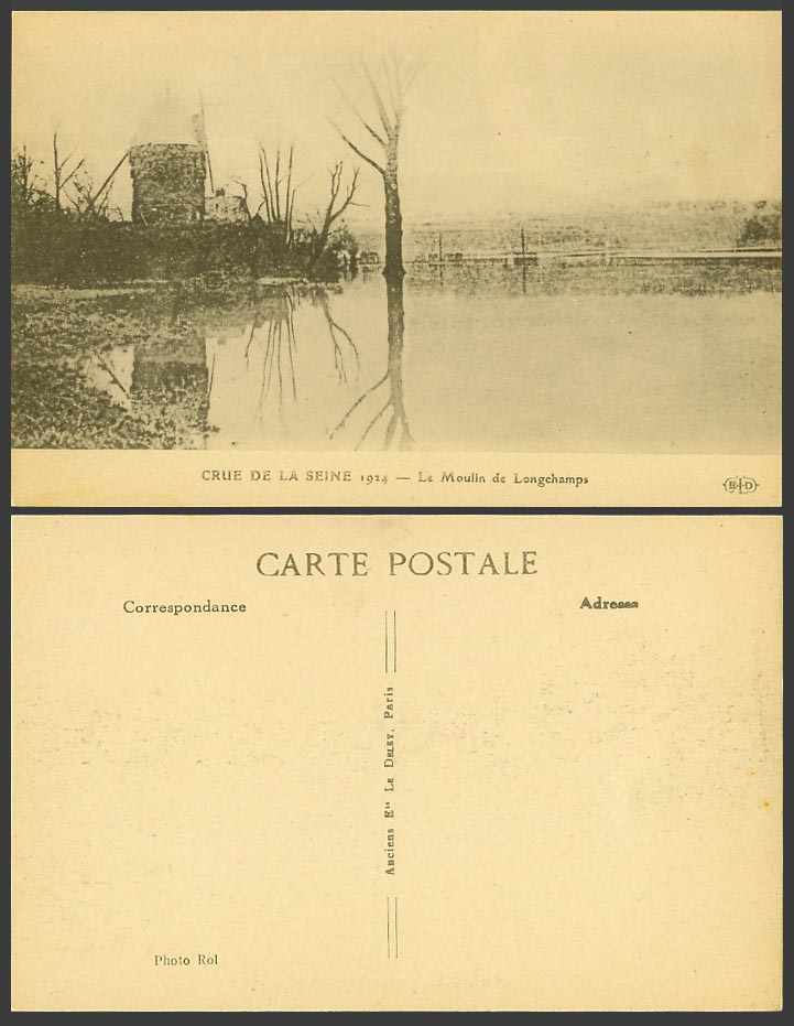 PARIS FLOOD Crue de la Seine 1924 Old Postcard Moulin de Longchamp Mill Windmill