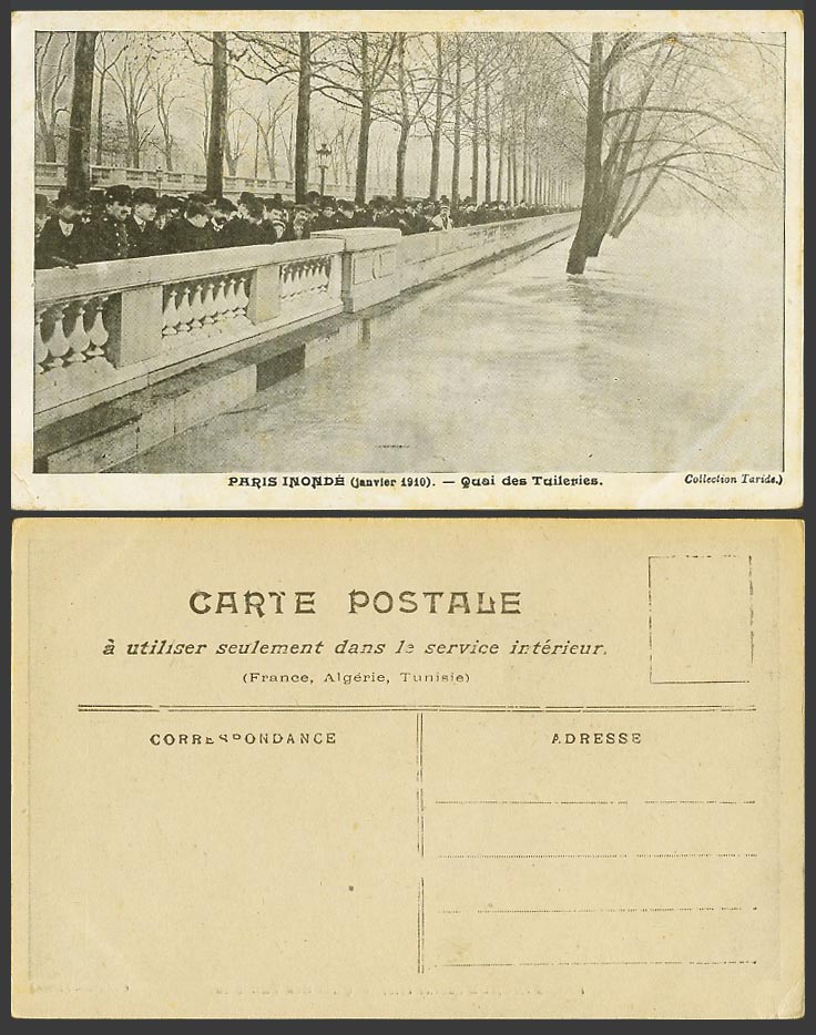 PARIS FLOOD Inonde Disaster 1910 Old Postcard Quai des Tuileries Quay, Onlookers