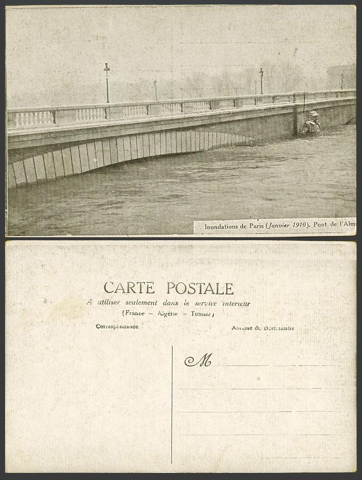 PARIS FLOOD 1910 Old Postcard Pont de l'Alma Bridge Inondations de Paris, Statue
