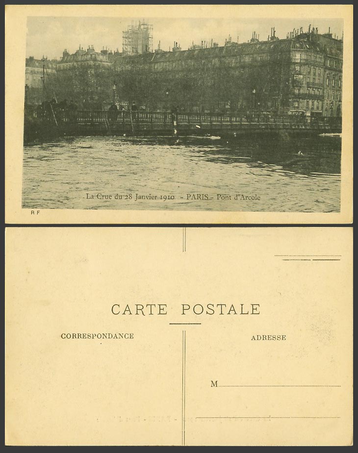 PARIS FLOOD Le Crue 28 Jan. 1910 Old Postcard Pont d'Arcole Bridge Flooded River