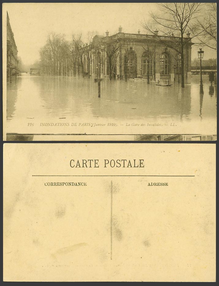 PARIS FLOOD 1910 Old Postcard Gare des Invalides, Train Railway Station L.L. 216