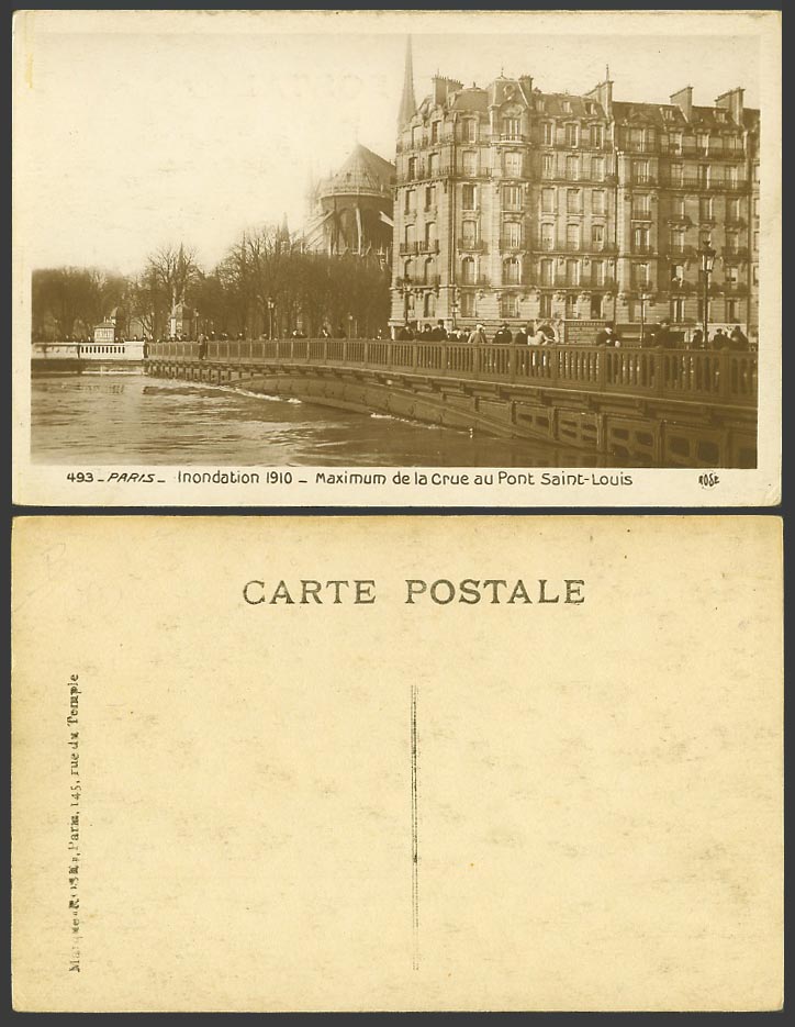 PARIS FLOOD 1910 Old Postcard Maximum de la Crue au Pont Saint-Louis Bridge, 493