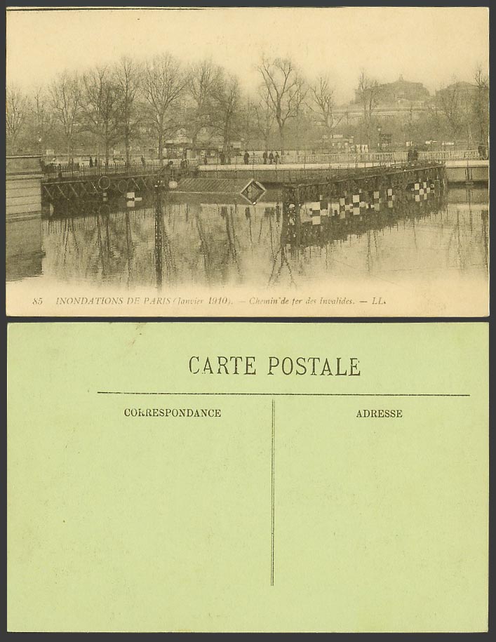 PARIS FLOOD 1910 Old Postcard Chemin de fer des Invalides Railway Station L.L.85