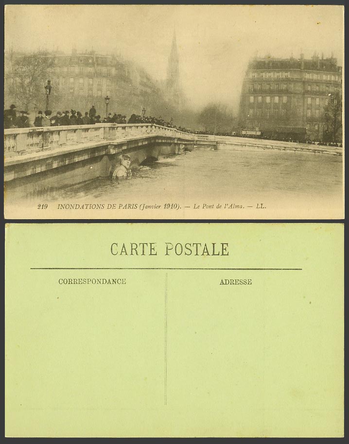 PARIS FLOOD 1910 Old Postcard PONT de l' ALMA Bridge over Flooded River L.L. 219