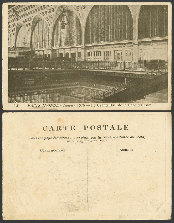 PARIS FLOOD 1910 Old Postcard Grand Hall de La Gare d'Orsay Railway Station J.C.
