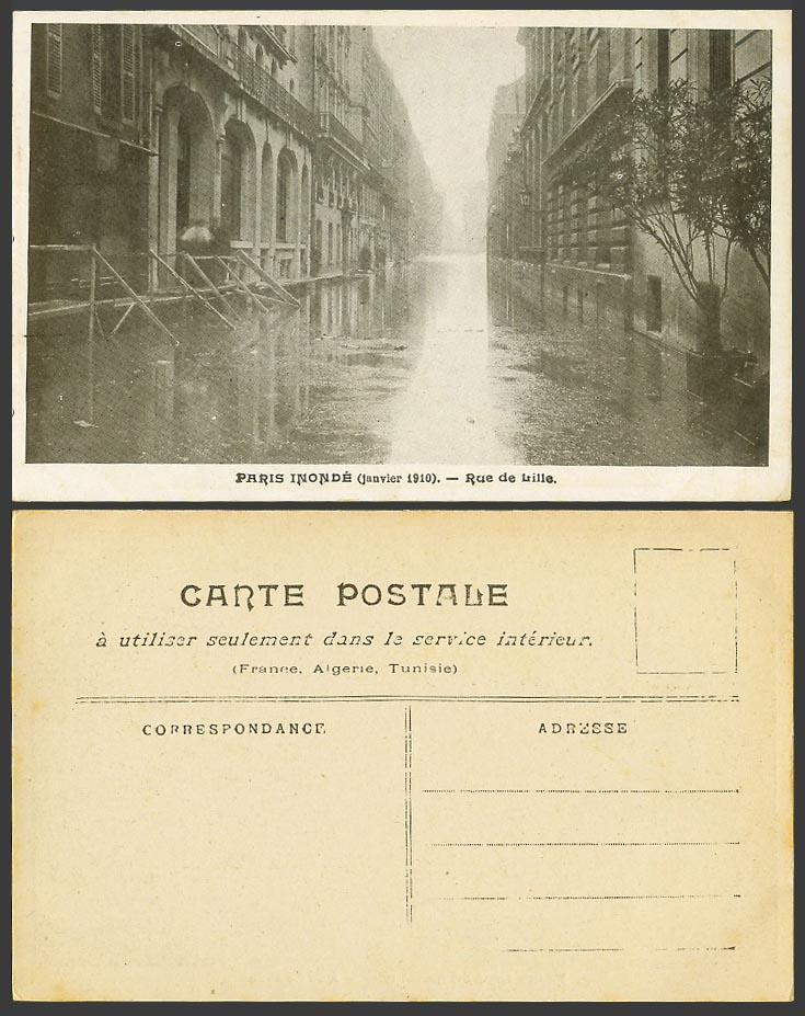 PARIS FLOOD Disaster 1910 Old Postcard Rue de Lille Flooded Street Scene, Bridge