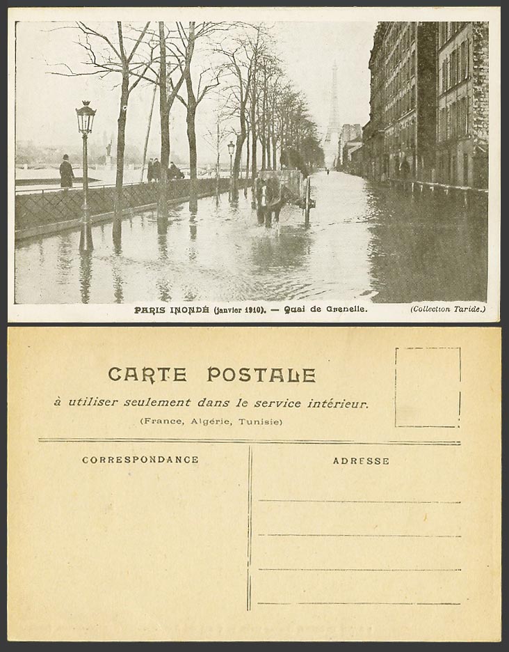 PARIS FLOOD JA 1910 Old Postcard TOUR EIFFEL TOWER Quai de Grenelle Bridge Horse