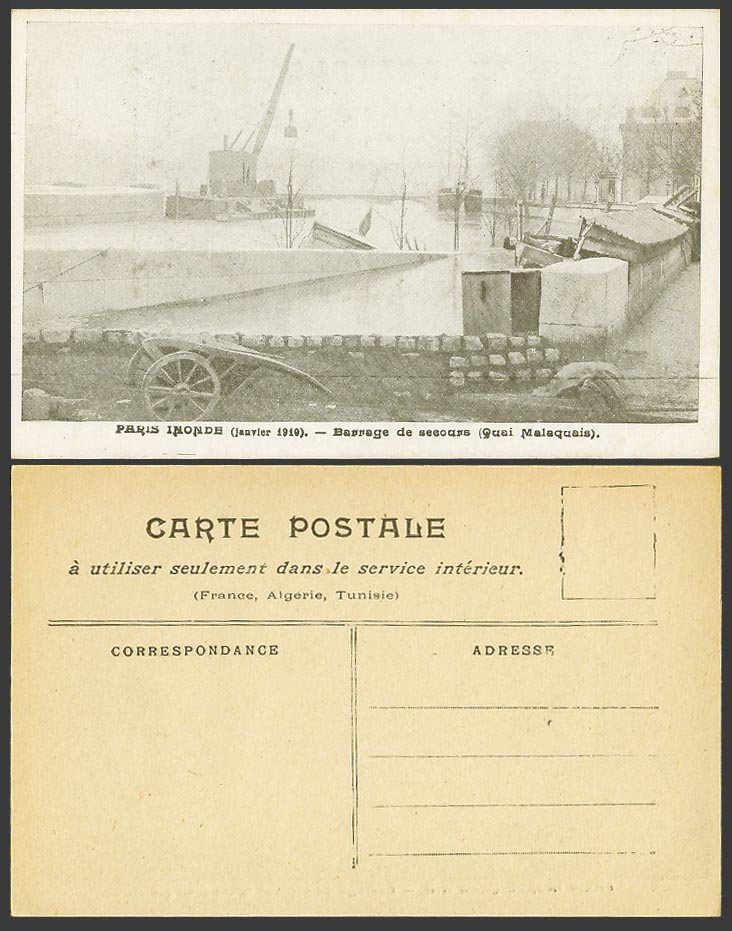 PARIS FLOOD Jan. 1910 Old Postcard Barrage de Secours Quai Malaquais Quay, Crane