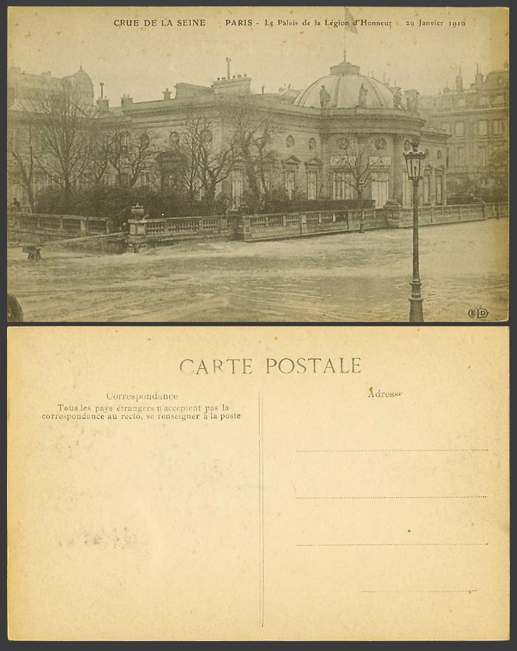 PARIS FLOOD 20 Jan 1910 Old Postcard Palais Legion d'Honneur Flooded Seine River