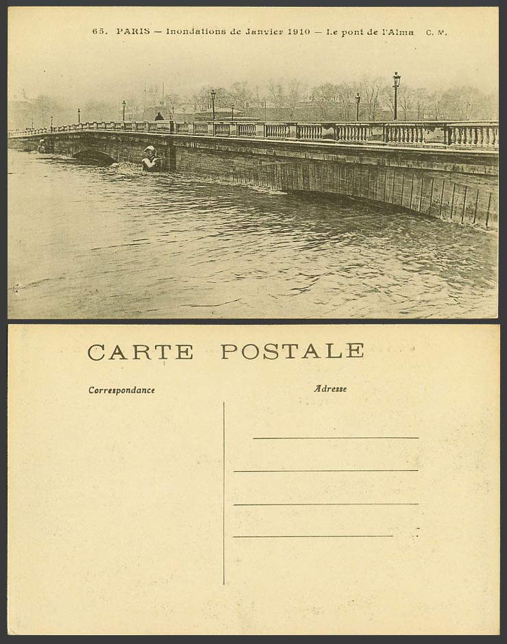 PARIS FLOOD 1910 Old Postcard Le Pont de l'Alma Alma Bridge, Flooded River Scene