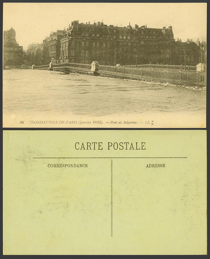 PARIS FLOOD 1910 Old Postcard Pont de Solferino Bridge Flooded River L.L. No. 86