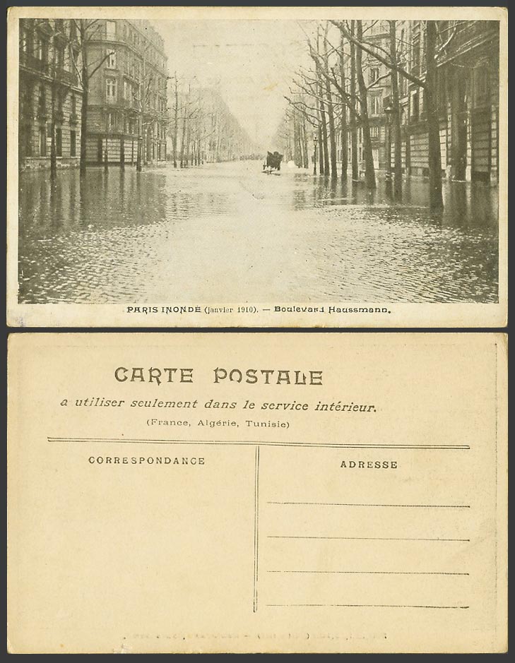 PARIS FLOOD Inonde JA 1910 Old Postcard Boulevard Haussmann Flooded Street Scene