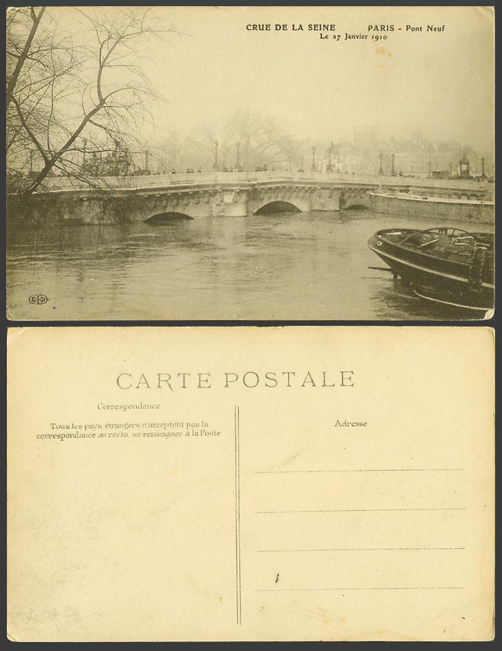 PARIS FLOOD 27 Jan 1910 Old Postcard Pont Nenf Neuf Bridge Boat Crue de la Seine