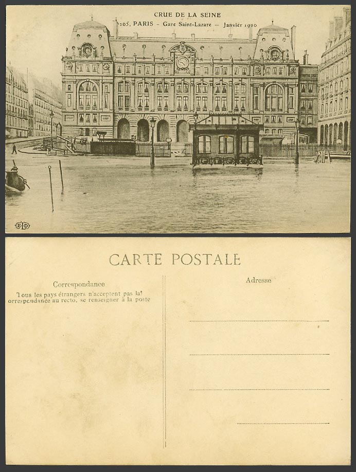 PARIS FLOOD Crue Seine 1910 Old Postcard Gare Saint-Lazare Railway Train Station