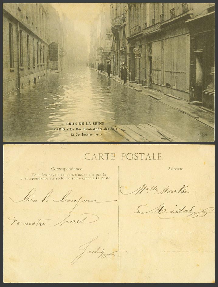 PARIS FLOOD 30 Jan. 1910 Old Postcard La Rue Saint-Andre-des-Arts Flooded Street