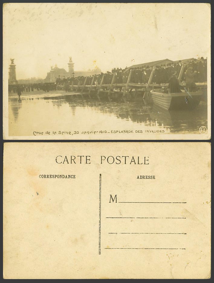 PARIS FLOOD 1910 Old R Photo Postcard Esplanade des Invalides Bridge Rescue Boat